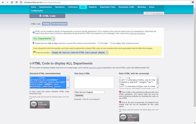 codigo html do painel de controle do chat