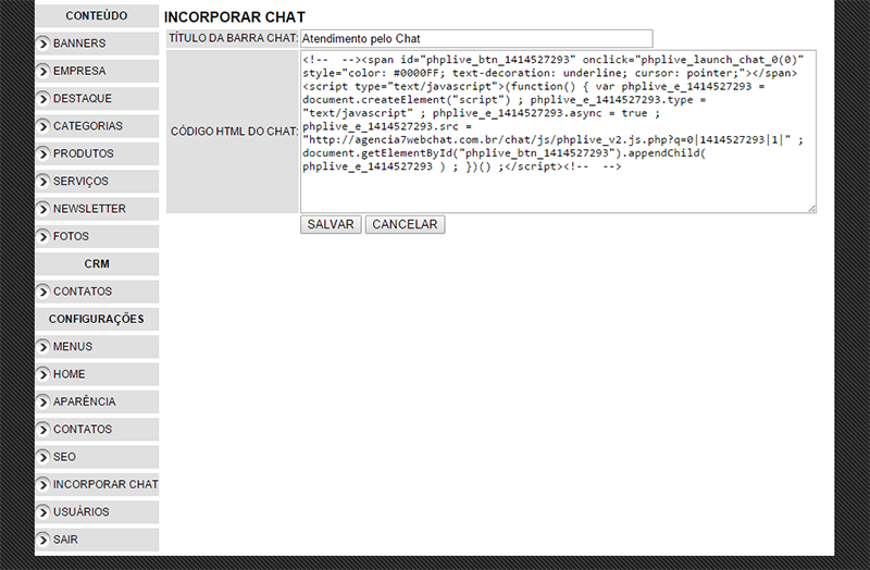 incorporar código html do chat